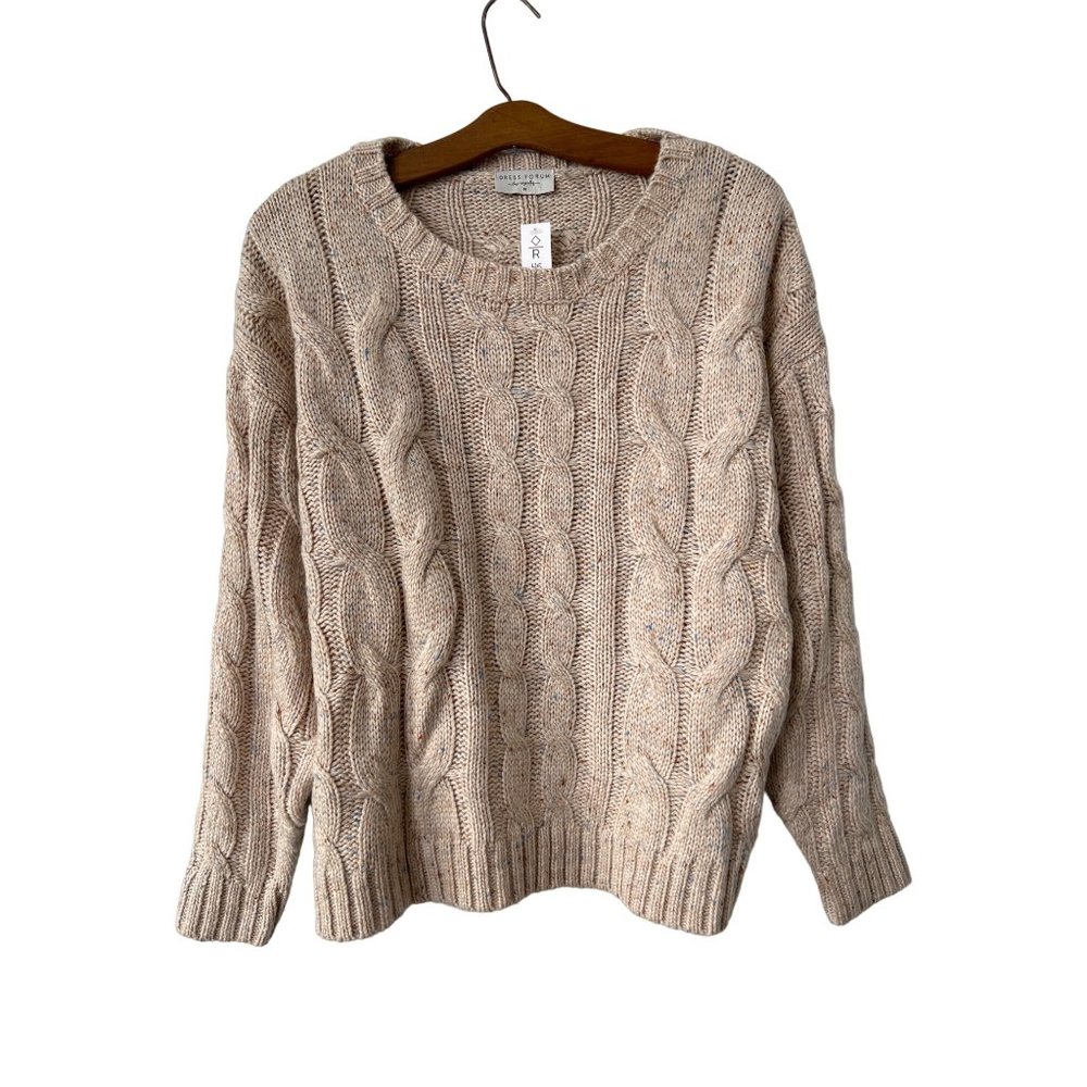 Dress Forum Speckled Cable Knit Pullover Sweater Womens S Oatmeal Wool Blend NEW